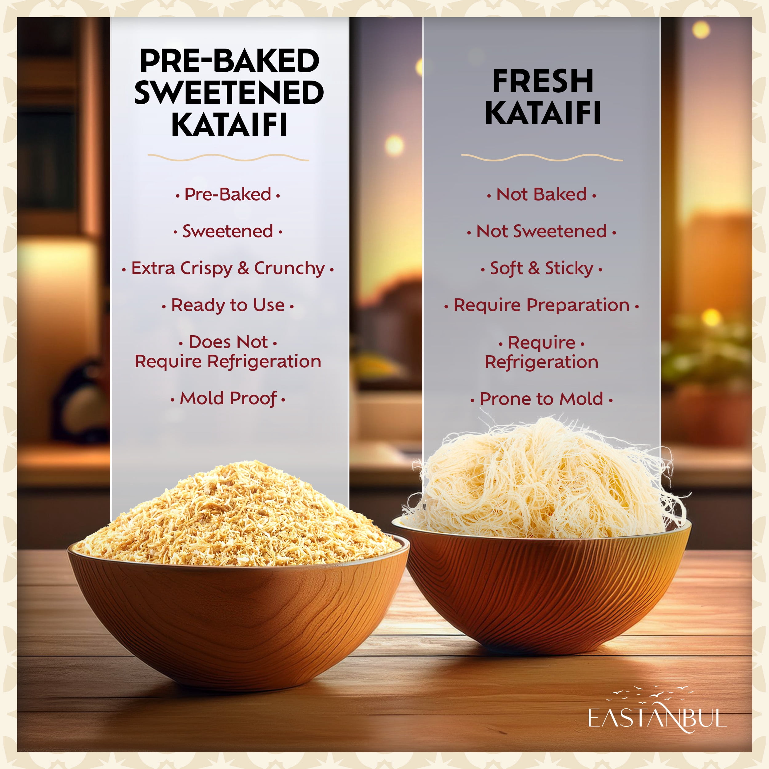 Eastanbul Baked Kataifi, Extra Crunchy, Sweetened with Sugar Syrup, Baked Kadayif for Dubai Chocolate, Roasted Kadayif, New Recipe Toasted Katifi, Katafi̇, Knafeh, Kosher by Star-K, Halal, 5lb