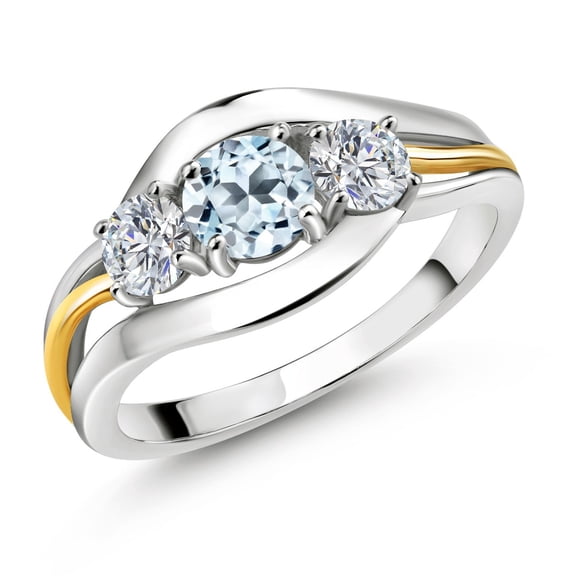 Gem Stone King 925 Sterling Silver and 10K Yellow Gold Round Sky Blue Topaz and White Lab Grown Diamond 3 Stone Ring for Women (1.24 Cttw, Available in Size 5, 6, 7, 8, 9)