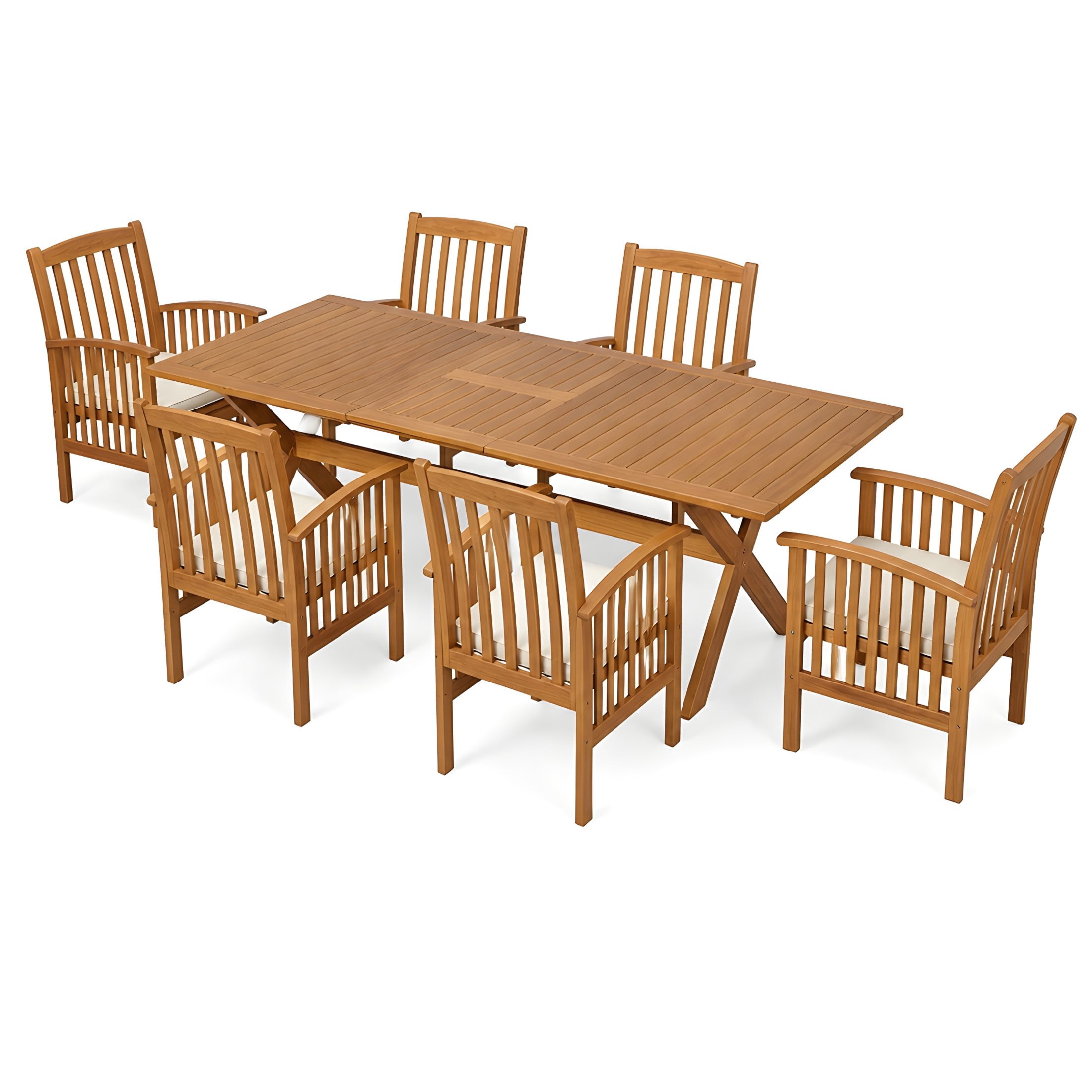 Christopher Knight Home 7-Piece Outdoor Wood Dining Set, Extendable Table with Chairs and Cushions, Teak+Cream