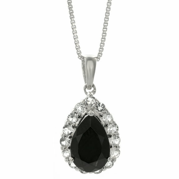 9x6 Pear Shape Black Onyx White Topaz Sterling Silver Pendant 18" Chain