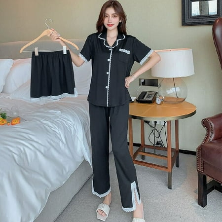 

PIKADINGNIS 3PCS Pajama Sets Women Short Sleeve Solid Cotton Loose Breathable Soft Oversized Womens Korean Style Home Clothing Comfortable