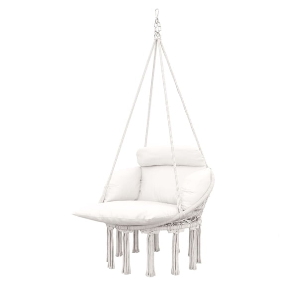 Hammock Swing Chair - Macrame Hanging Chair with Cushion - Indoor Outdoor Cream White