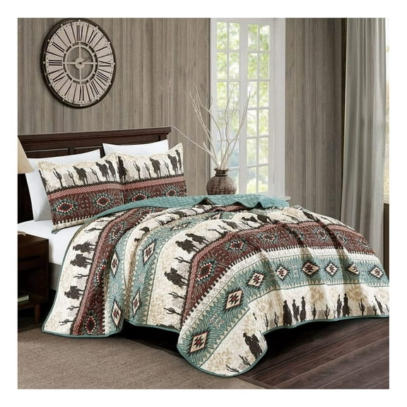 Drevy/WPM Western Teal/Beige/Burgundy Desert Southwestern Print Bedspread 3 Piece west Theme Cabin Ranch Design Coverlet Quilt Set-Kadence 22366 (Queen), Teal, Beige, Taupe Burgundy