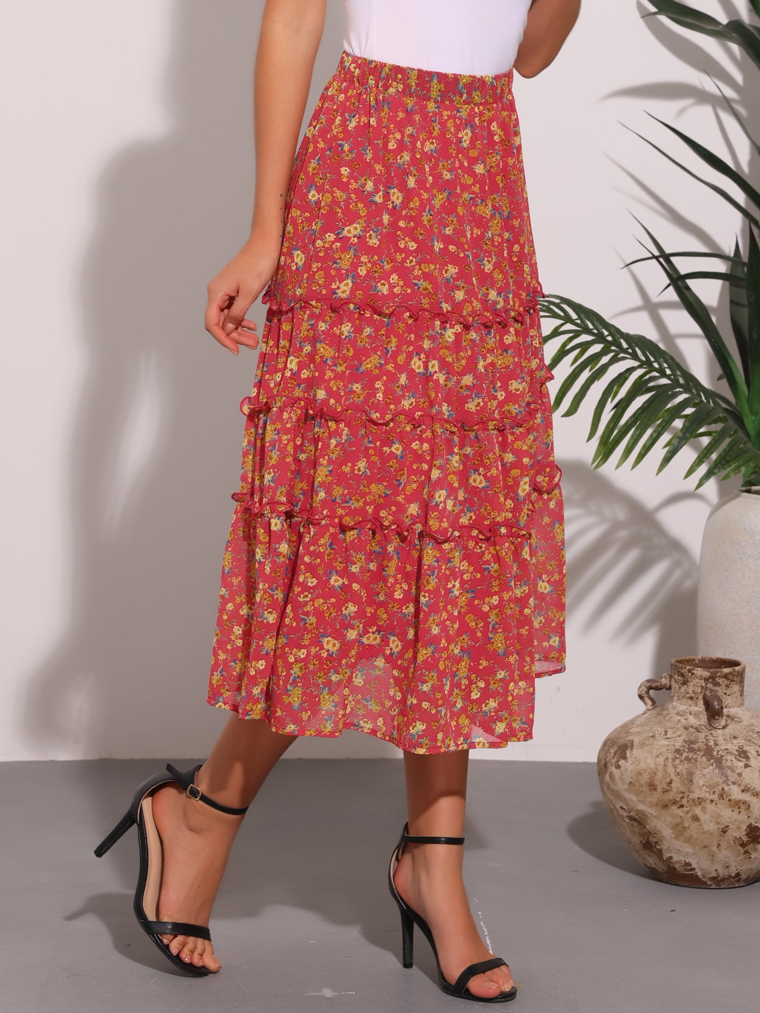 DARING DIVA Women's Chiffon Tiered A-Line Maxi Skirt M Red Flower
