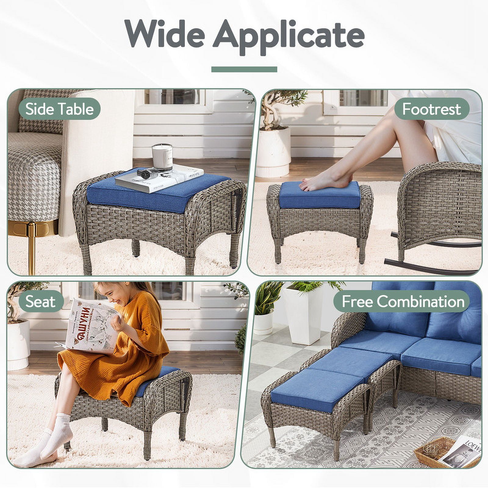 PARKWELL 6-Piece Outdoor Patio Conversation Set,Wicker 7-Seat High Back Furniture with Sofa, Swivel Gliders and Ottomans,Gray Wicker Navy Cushions