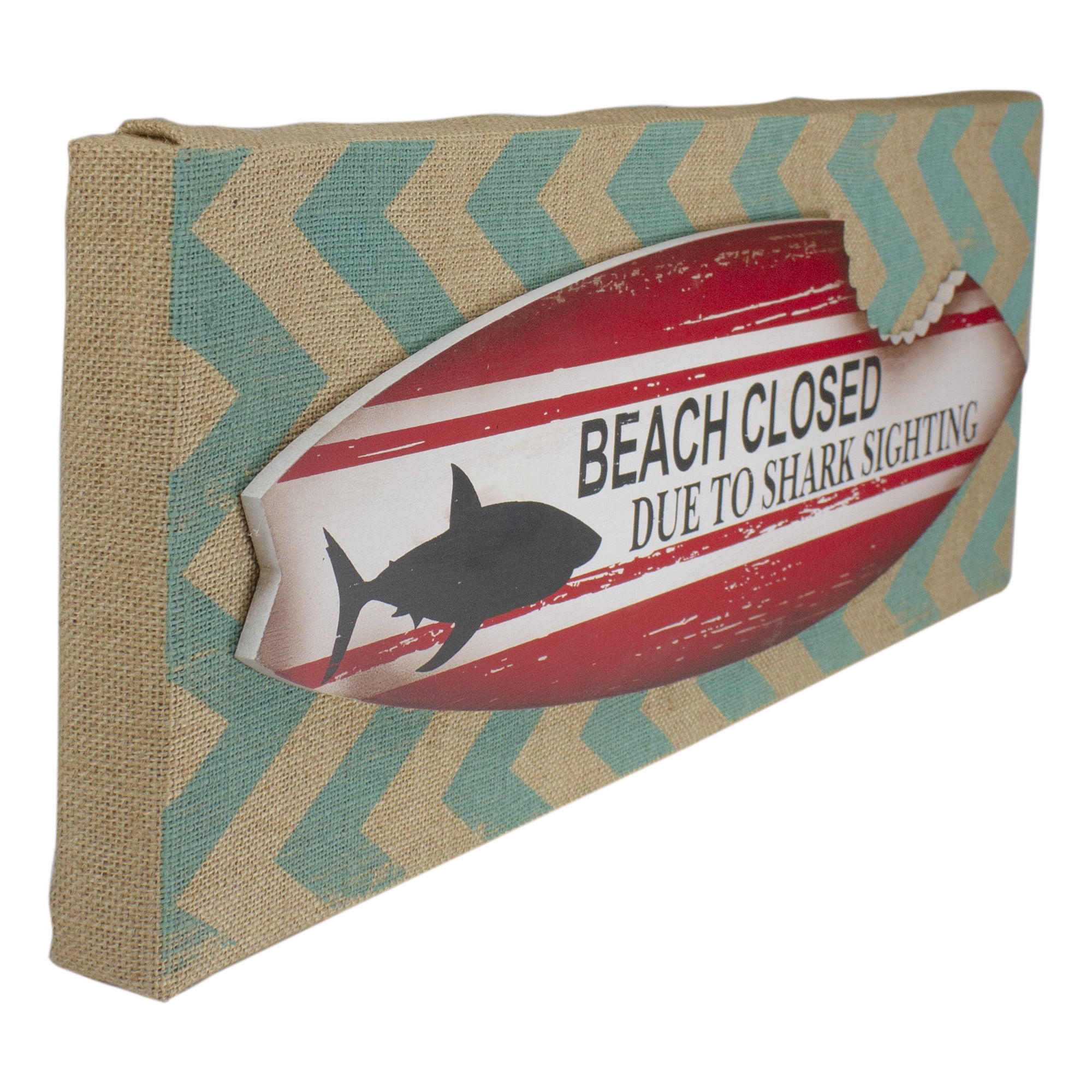Beach Closed Shark Bitten Surfboard Linen Burlap Wall Art 24"