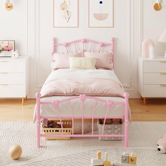 Twin Metal Platform Bed Frame – Heart-Shaped Headboard and Footboard, Sturdy Slat Support, Underbed Storage – No Box Spring Needed – White