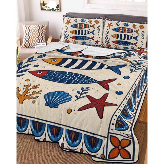 King Quilt Bedding Set, Coastal Mediterranean Fish Lightweight Coverlet Summer Comforter Set Soft Microfiber Bedspread, Marine Life Starfish Corals 3 Piece Quilt Set with 2 Pillow Shams