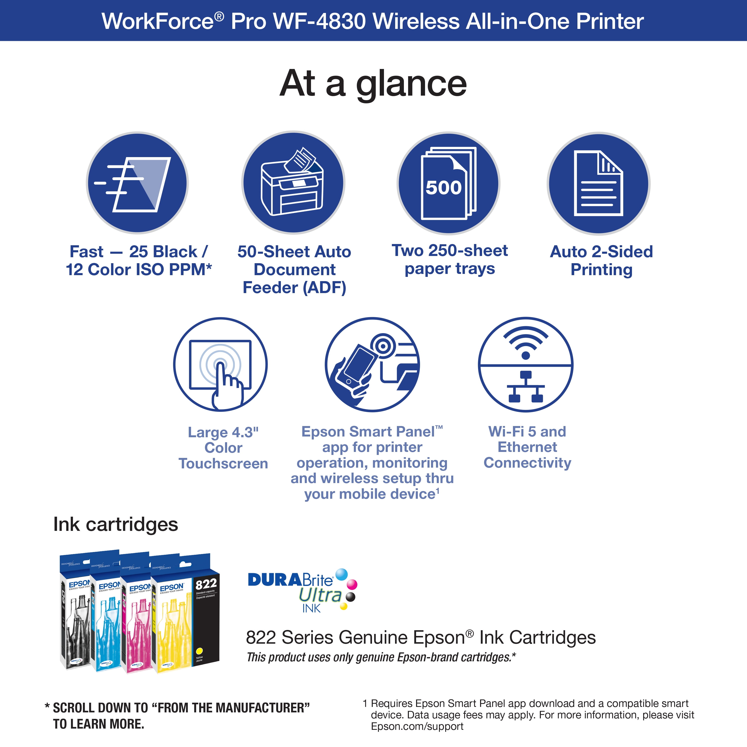 Epson WorkForce Pro WF-4830 Wireless All-in-One Printer with Auto 2-sided Print, Copy, Scan and Fax, 50-page ADF, 500-sheet Paper Capacity, and 4.3" Color Touchscreen