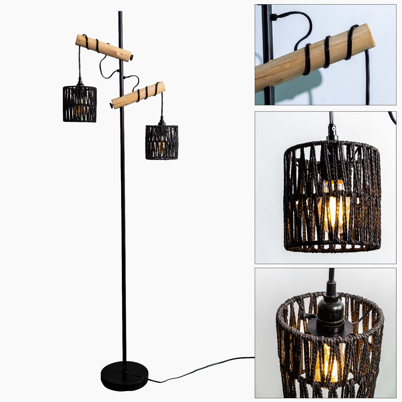 Farmhouse Floor lamp Double Head Vintage Floor Tree, Wooden Standing lamp for Living Room，Bedroom, Rustic Floor Lamp with Black Finish