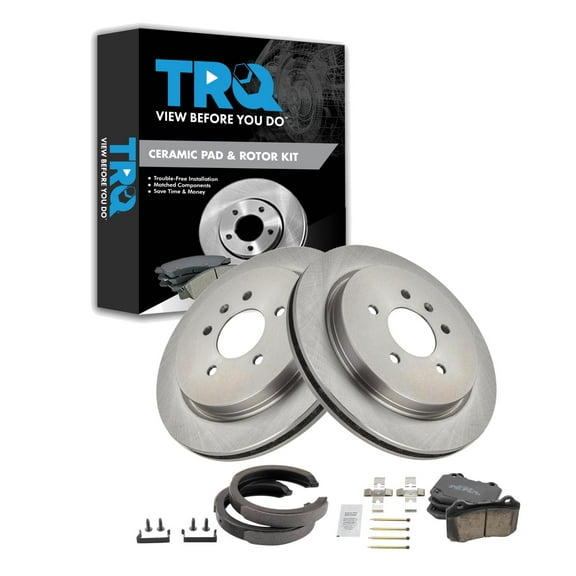 TRQ Rear Brake Pad & Rotor Kit Brake Pads Brake Rotor Parking Brake Shoe Set Ceramic Fits Select 2005-2008 Cadillac STS