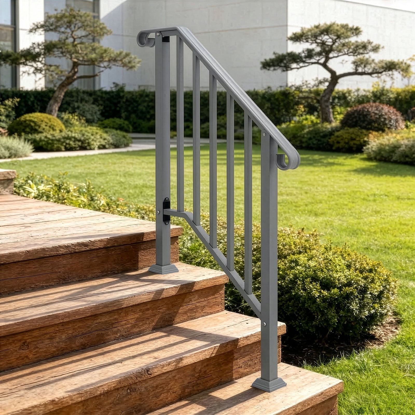 Silver Powder Coated Galvanized Iron Curved Stair Handrail Fit 2 Steps Outdoor Garden Picket Step Safety Railing With Full Installation Hardware
