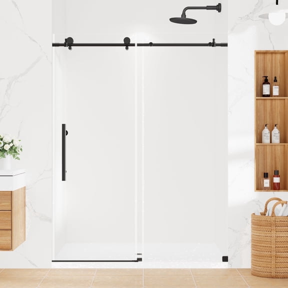 MORDEER 56-60"W x 75"H Frameless Shower Door in Black with 1/4" Clear Sgcc Certified Tempered Glass, Explosion-Proof Film, Stainless Steel Top Rail