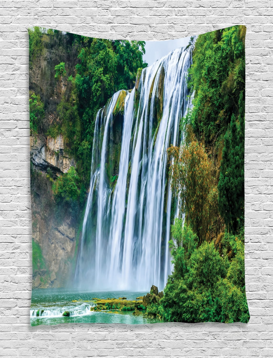Waterfall Decor Tapestry, Huge Waterfall Landscape Surrounded by Green