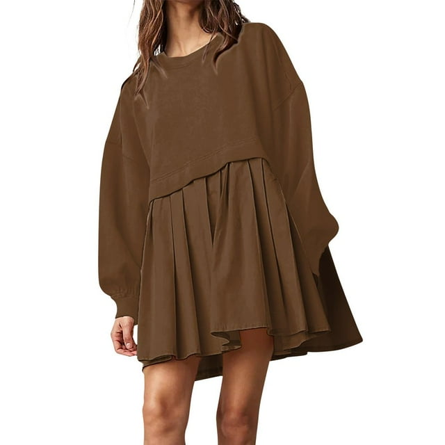 Womens Oversized Sweatshirt Dress Long Flowy Patchwork Pullover Tops Cute Drop Shoulder Sweatshirts Fall Long Sleeve Mini Dress Teen Girls Crewneck Solid Tunic Pleated Loose Clothing Beig