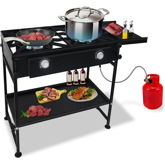 SONRET - Double Burner Propane Gas Stove - with Detachable Legs and Side & Bottom Shelf