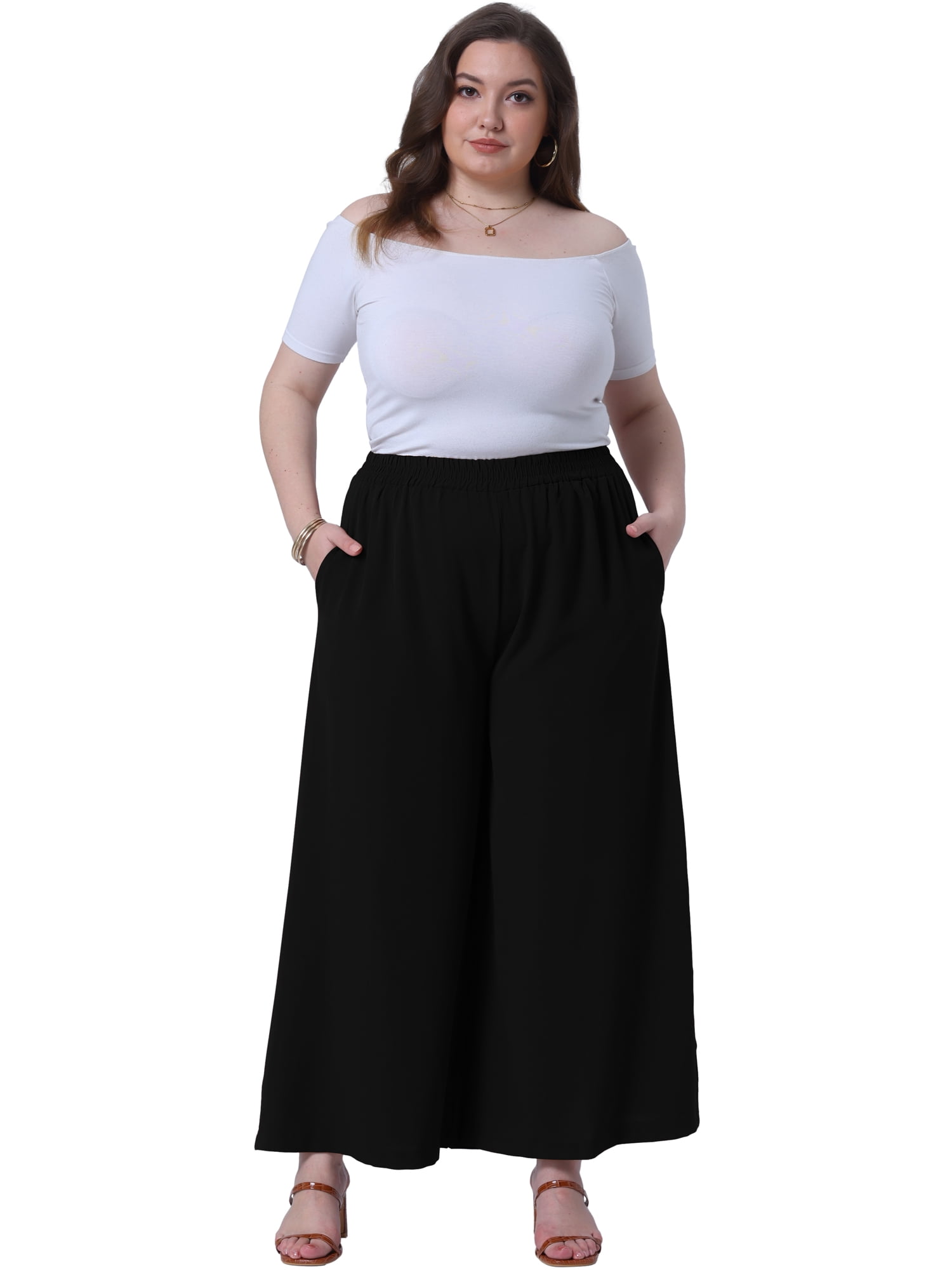 DARING DIVA Women's Plus Palazzo Pants Wide Leg with Pockets Summer Pants 2X Black