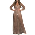 thumbnail image 1 of Pompotops Robe Femme Unie à Paillettes Fine à Fermeture Éclair Ajourée Aguichant Dos Nu à Manches Longues à Col en V en Solde, 1 of 8