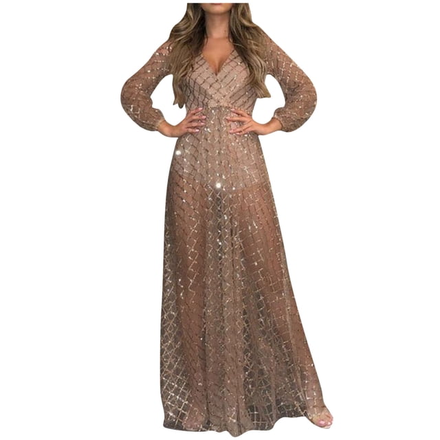 Pompotops Robe Femme Unie à Paillettes Fine à Fermeture Éclair Ajourée Aguichant Dos Nu à Manches Longues à Col en V en Solde