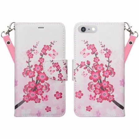 Apple iPhone 8 Plus/7 Plus Case, Wrist Strap Pu Leather Magnetic Flip Fold[Kickstand] Wallet Case with ID & Card Slots for Iphone 7 Plus - Cherry Blossom