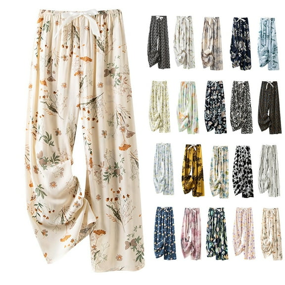 FAZVAOO Pajama Pants for Women Wide Leg Lounge Pants Floral Print Pajama Bottoms Elastic Waistband Tie