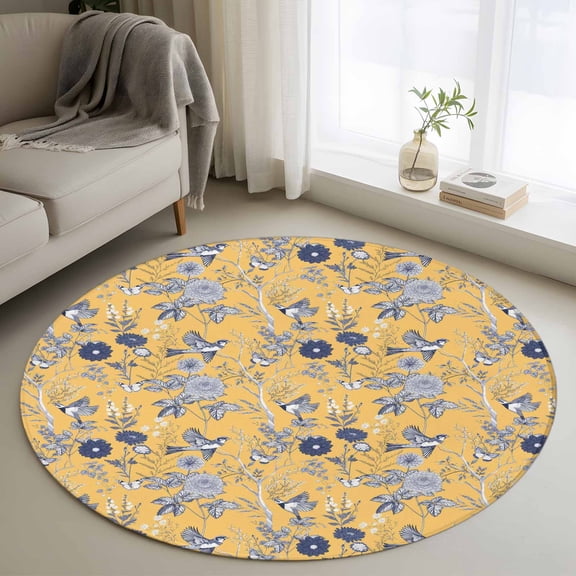 Round Area Rug 4 Ft, Vintage Flower Washable Non-Slip Circle Carpet for Living Room/Bedroom, Country Bird Garden Butterfly Yellow Low-Profile Crawling Mats Collection Rugs for Indoor