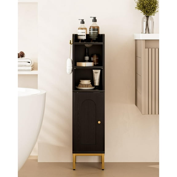 Bathroom Storage Cabinet, Small Corner Floor Hutch with 2Hooks,Narrow Toilet Paper Cabinet with Adjustable Shelf,Morden Bathroom Organizer for Small Spaces,Black