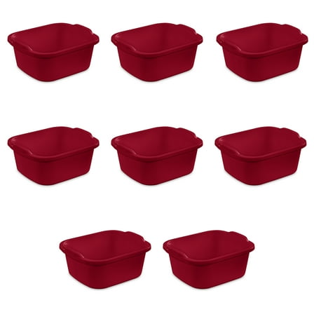 Sterilite 12 Qt. Dishpan, Multi-Purpose Plastic Wash Tub, Kitchen, Sink, Red, Pack of 8