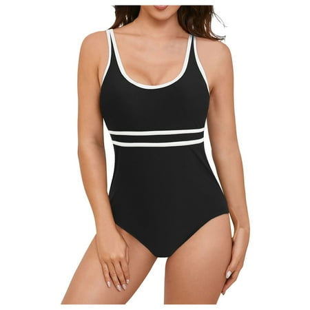 FULORRNIE Women s One-Piece Swimsuit with Horizontal Stripe Waistband and Wide Shoulder Straps for a Stylish and Supportive Fit  Black  L
