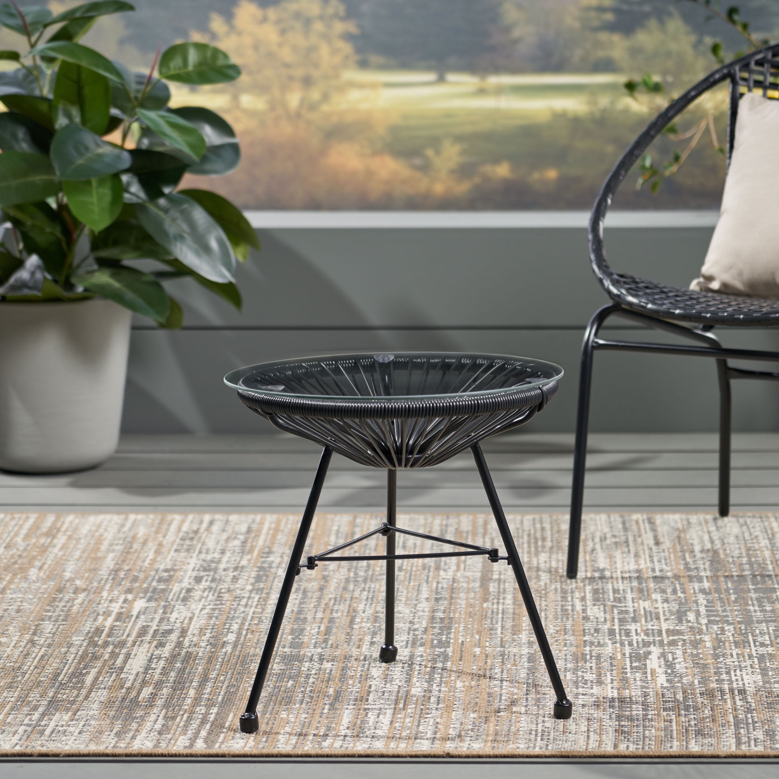 Outdoor Simple Style Accent Side Table, Wicker Weave Leisure Table for Patio Garden, Black