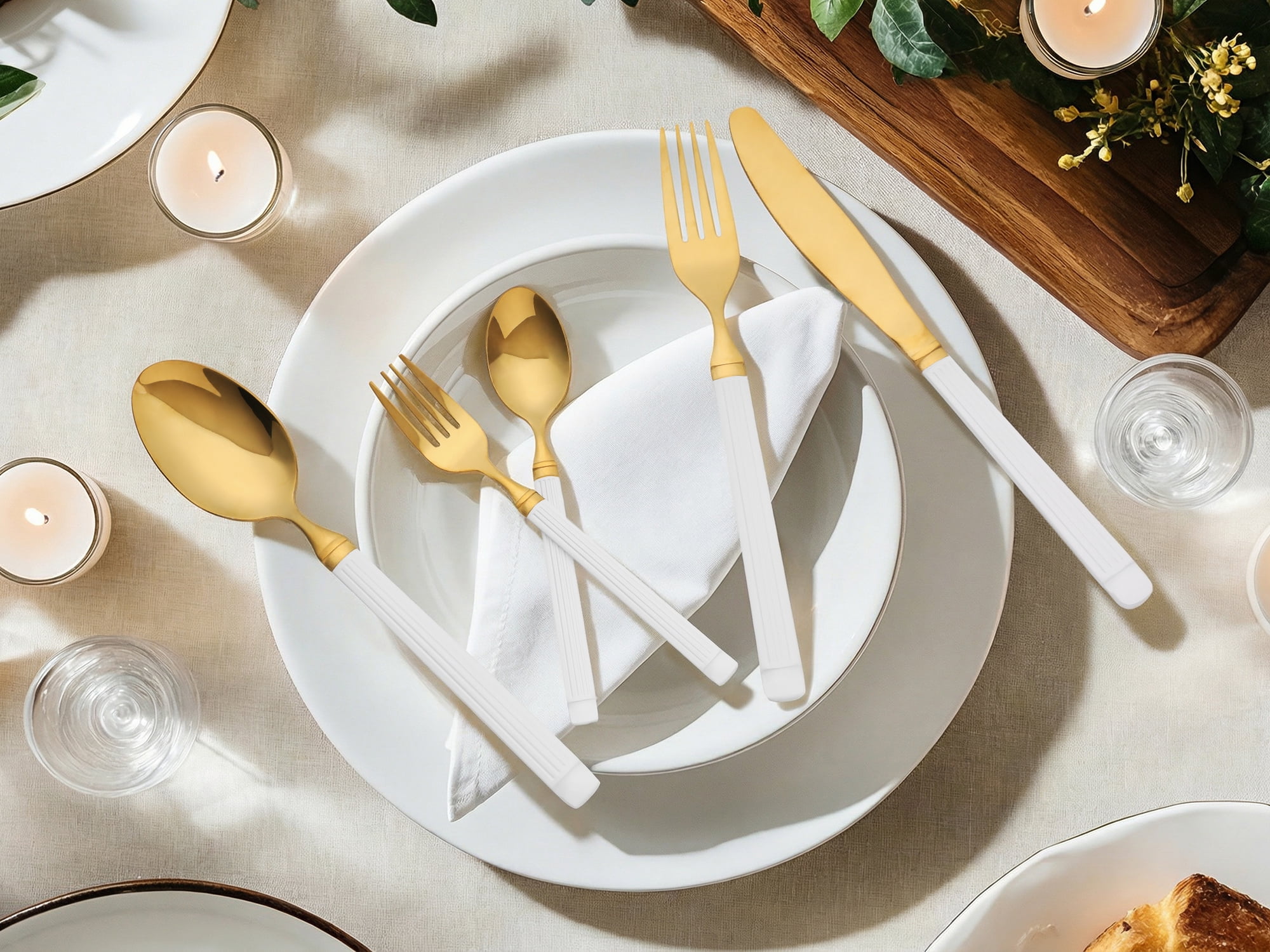 Unique Bargains Classic Mirror Polished Stainless Steel Flatware Set White Gold 30pcs