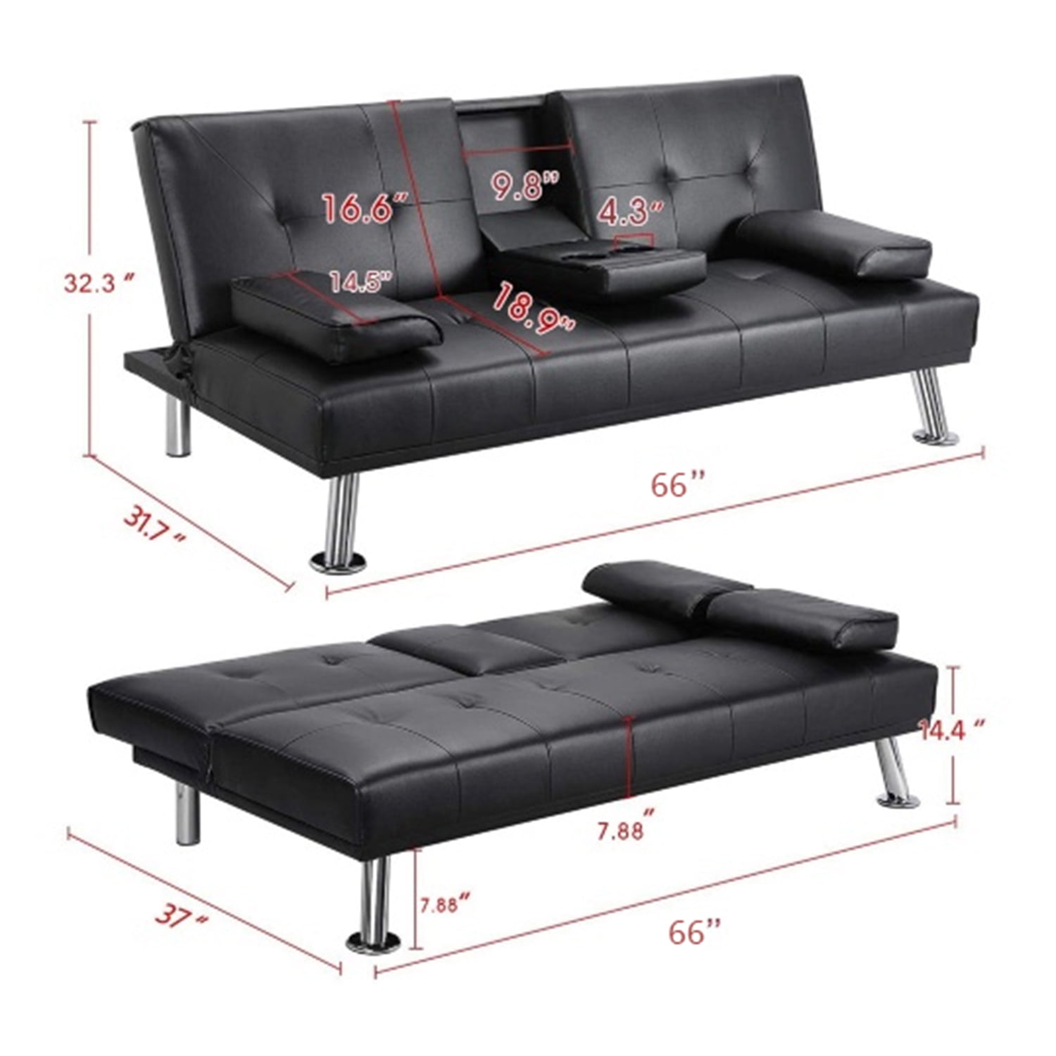Kadyn 66" Futon Sofa Bed, Modern Faux Leather Convertible Folding Lounge Sofa for Living Room with 2 Cup Holders Removable Soft Armrests and Sturdy Metal Legs, Charming Black