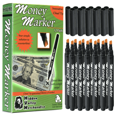 HVM Counterfeit Money Detector Pen (12 Counterfeit Pens) - Money Marker Bill Detector Pen with Upgraded Chisel Tip - Detect Fake Bills, Universal False Currency Checker Pack