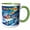 Green/White, variant on 3drose, Happy Holidays Text. Colorful Village in Snow, Frozen River. Art Gift, 11oz Two-tone Red Mug