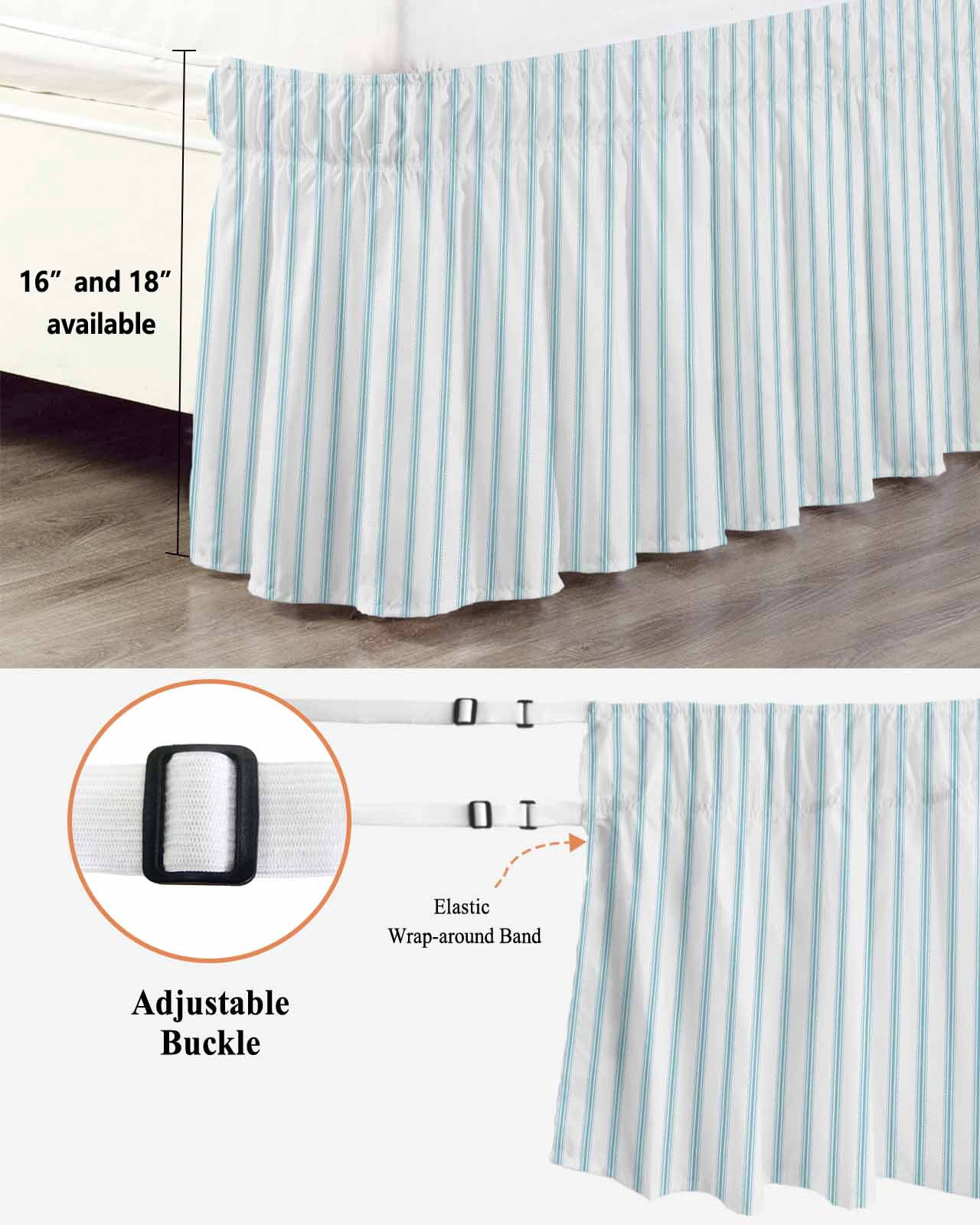 Blue Striped Wrap Around Bed Skirts for California King Bed 18" Drop,Bed Skirt with Adjustable Elastic Belt Dust Ruffle Bed Valance for Bedroom Hotel Blue White Stripes Farmhouse Bed Frame Cover
