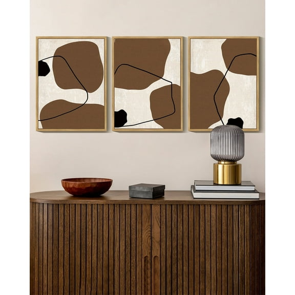 SHENIFY Boho Geometric Wall Art Mid-Century Trio of Multicolored Brown Ovals Shape Black Lines Illustration Modern Minimalist Painting Decorative Artwork 11x14in3pcs Natural Framed