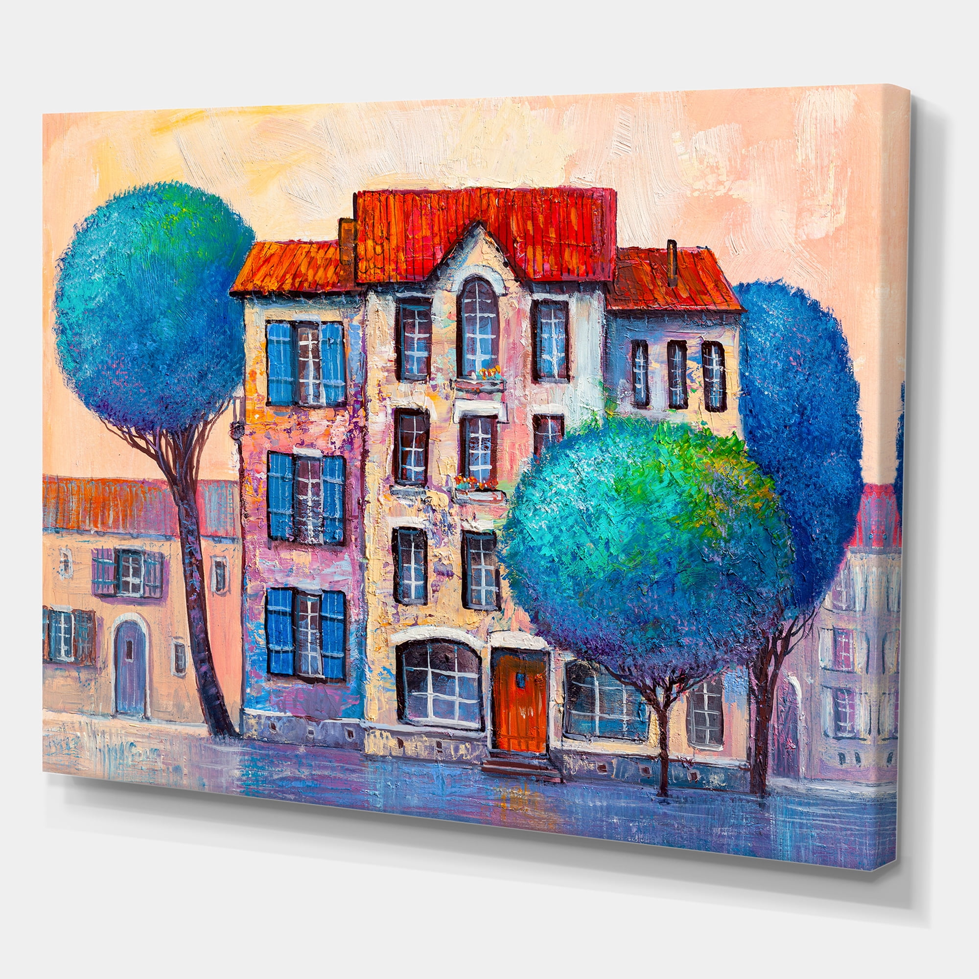 Designart ' Colorful Autumn Trees and A House With Red Roof ' Modern Canvas Wall Art Print