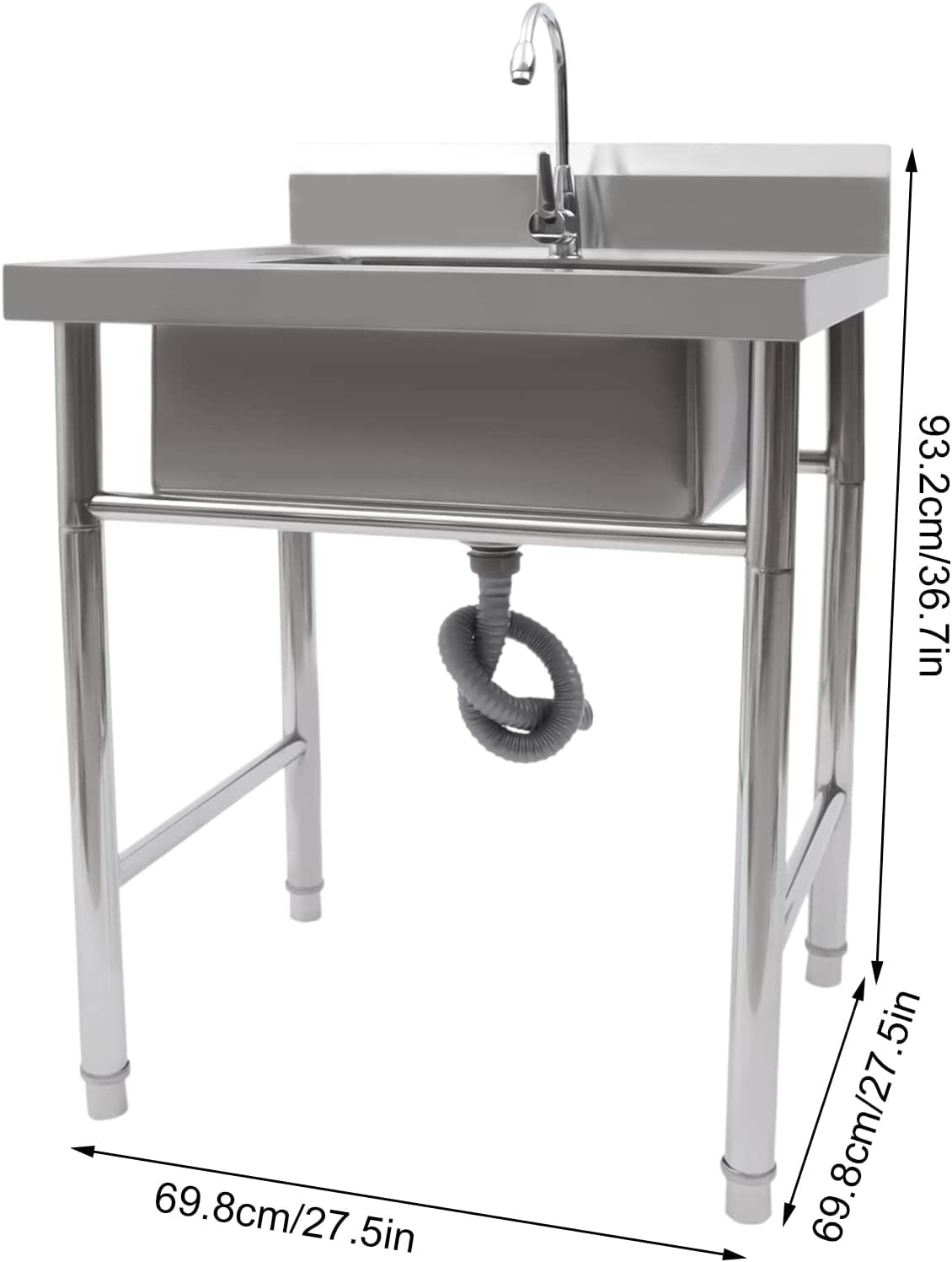 Miumaeov Stainless Steel Free Standing Utility Sink, Single Bowl Commercial Kitchen Prep & Utility Sink with Backsplash and Faucet for Restaurant Workshop