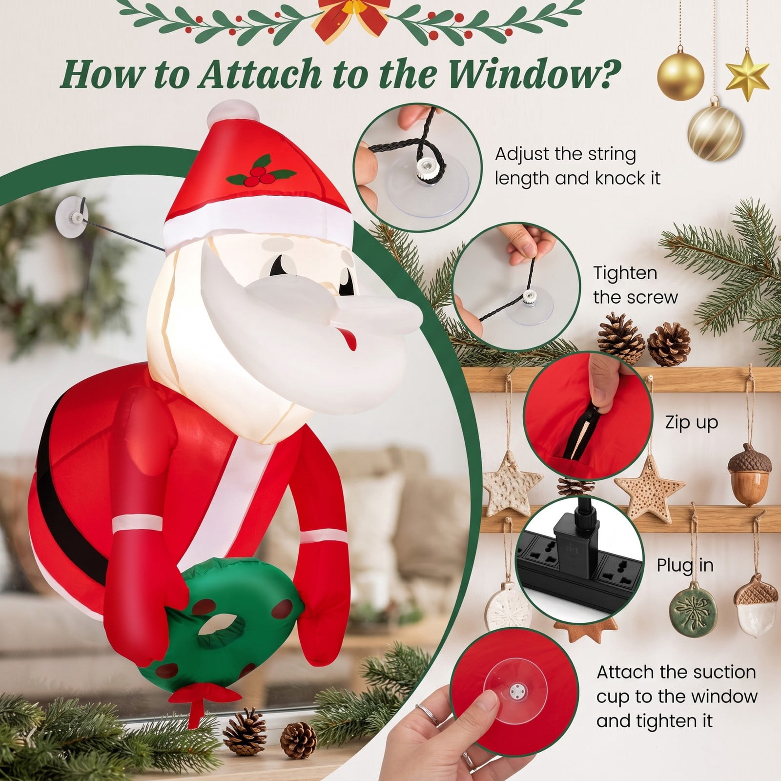 RUIE 3.3 FT Lighted Christmas Inflatable Santa Claus Broke Out from Window LED Blow Up Holiday Yard Decoration Indoor Outdoor Xmas Decor, Red