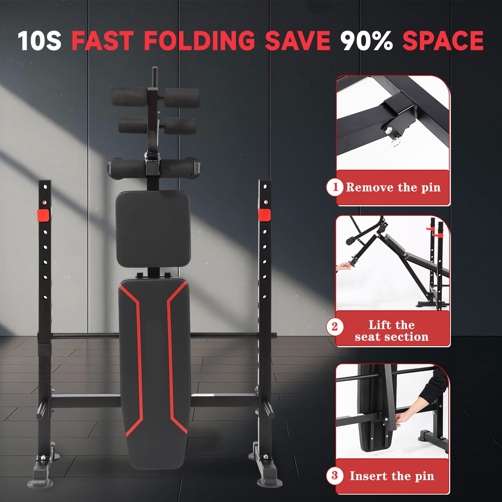 Foldable 750LBS Standard Weight Bench with Leg Extension and Squat Rack, Bench Press for Full Body Workout, Adjustable Flat Incline Decline Workout Bench（US Stock）