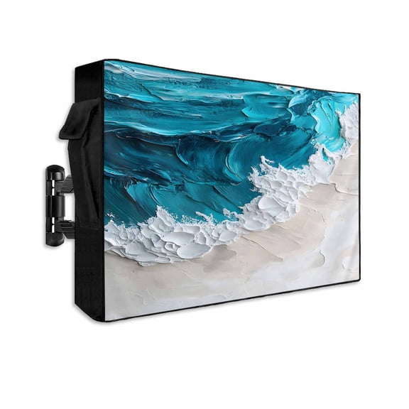 Outdoor TV Cover 70 to 75 Inch Weatherproof, Abstract Beach Waterproof TV Screen Protector for Outside Decor with Zipper and Pocket 68"L x 42"H , Blue Textures Sandy Brown