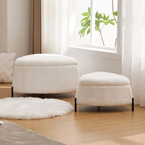 Two-Piece Faux Fur Upholstered Storage Ottoman Set Ivory Comfortable Footrest Coffee Table With Metal Legs