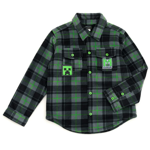 Minecraft Creeper Flannel Shacket with Fleece Lining Plaid Little Kid to Big Kid