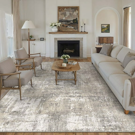 BERTHMEER 6'x9' Beige Abstract Area Rugs for Living Room Bedroom Dining Room Office Farmhouse Distressed Machine Washable Non-slip, Beige Gray