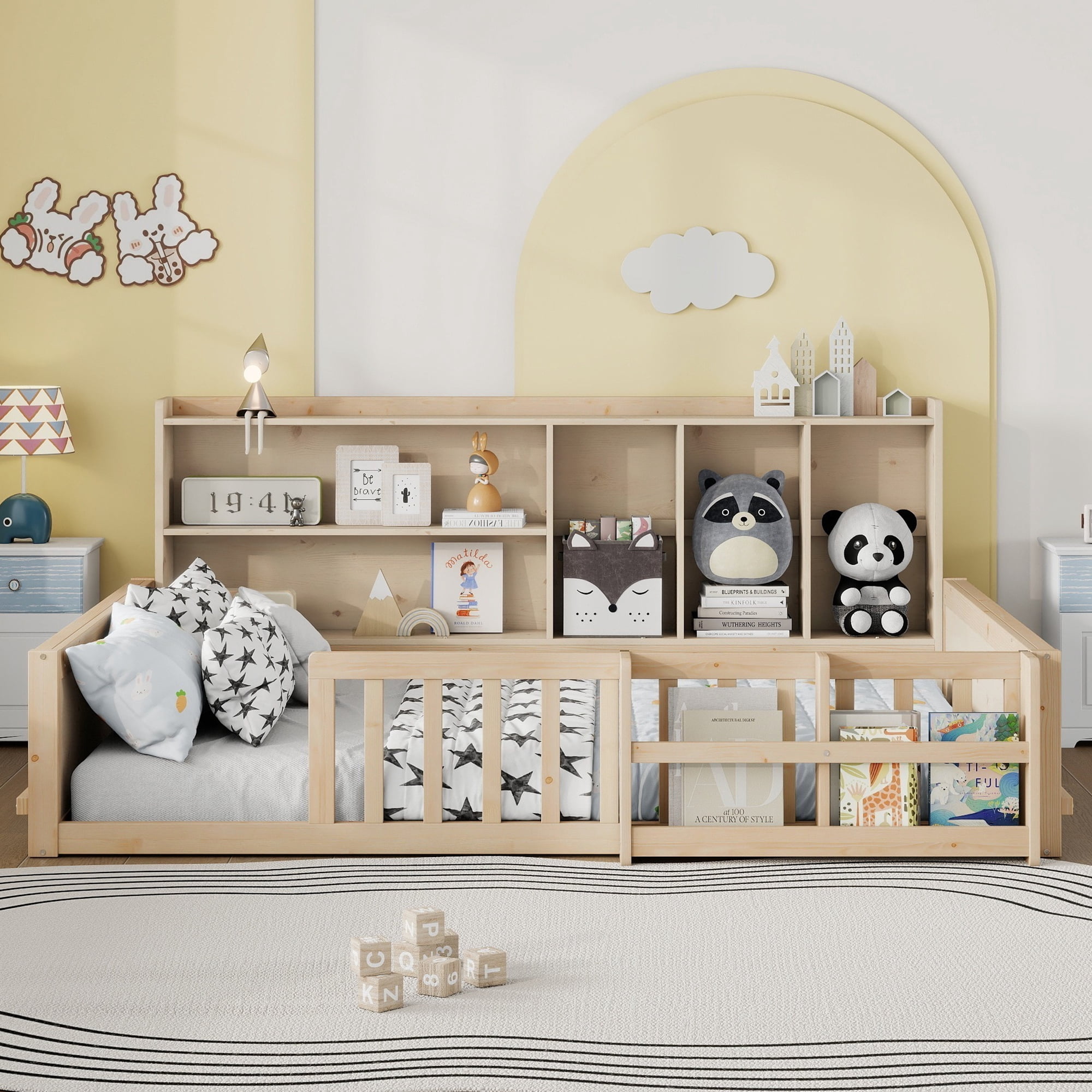 Mintazer Full Size Montessori Floor Bed with Bookshelf & Guardrails, Kids Platform Bed Frame with Storage Cubbies for Bedroom, Natural