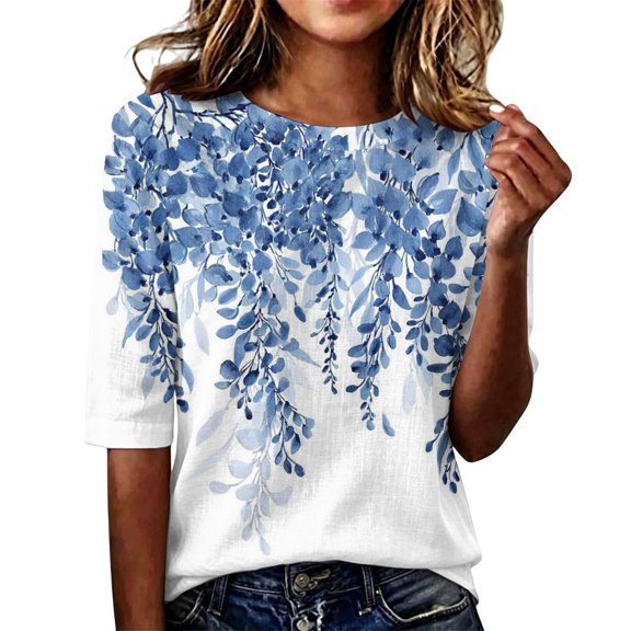 Domzest Womens Half Sleeve Tops Loose Fit Boho Floral Graphic Shirt Crew Neck Lightweight Summer Fall Tunic Tops Blue S