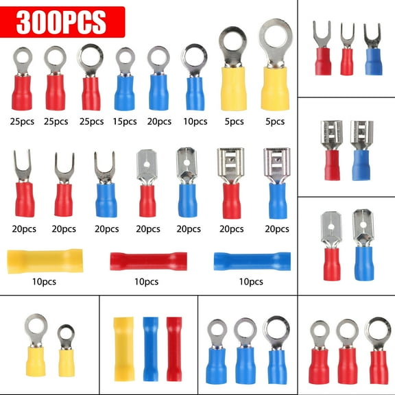 300PCS Insulated Electrical Wire Terminal Ring Splice Spade Crimp Connector Kit