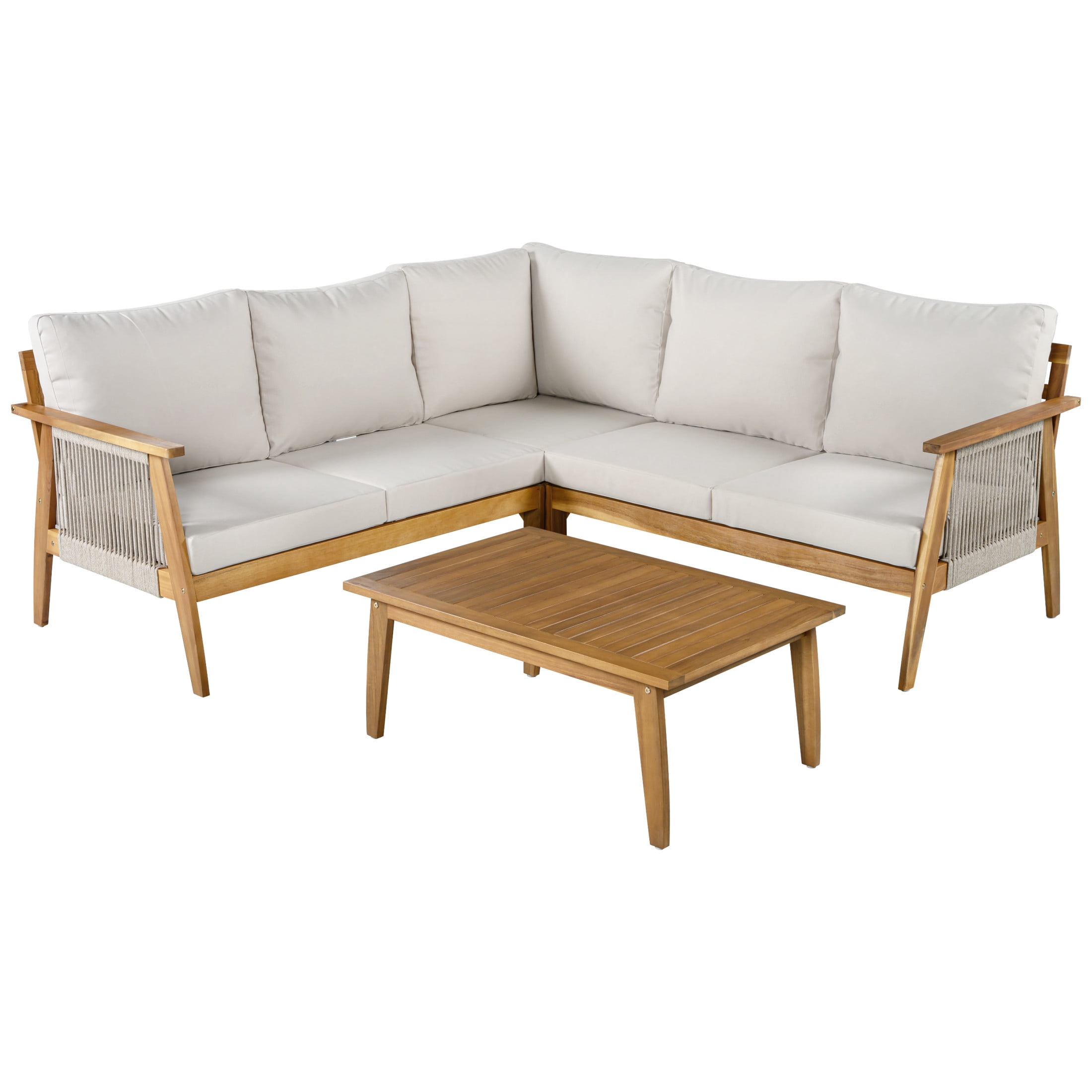 Christopher Knight Home 4-Piece Teak Outdoor Sectional Sofa Set with Table, Rope Accents, Beige Cushion