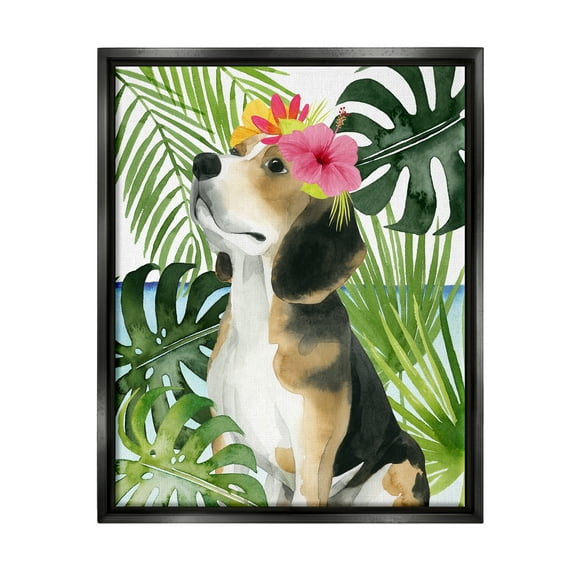 Stupell Industries Puppy with Hibiscus Animals & Insects Painting Black Floater Framed Canvas Art Print Wall Art, 17 x 21