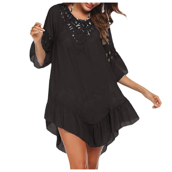 JIAYUE Women's Swimsuit Cover-Ups Solid Color O-Neck Crochet 3/4 Sleeve Sexy Hollow Above Knee Backless Beach Bathing Suit Cover Up Dresses
